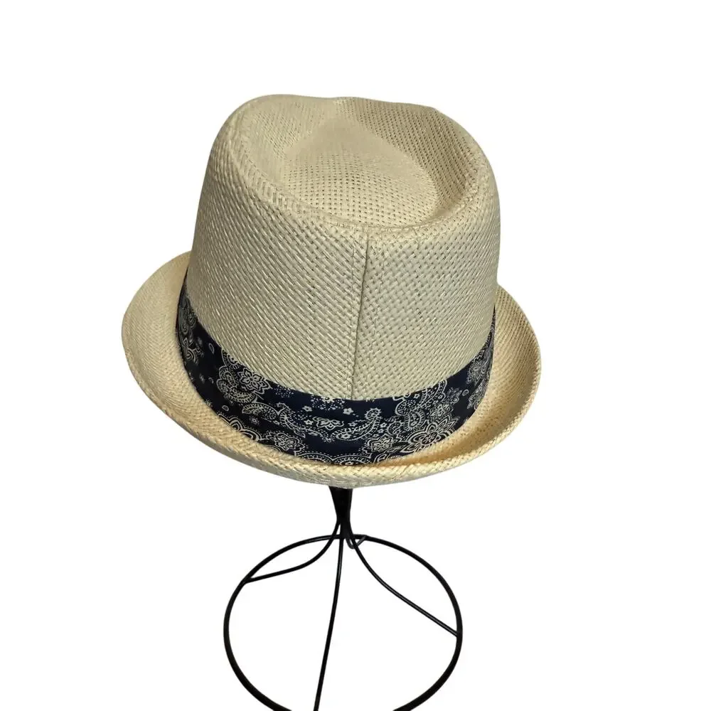 Classic Casual Straw Fedora With Blue Paisley Band OS Versatile Vintage Inspired